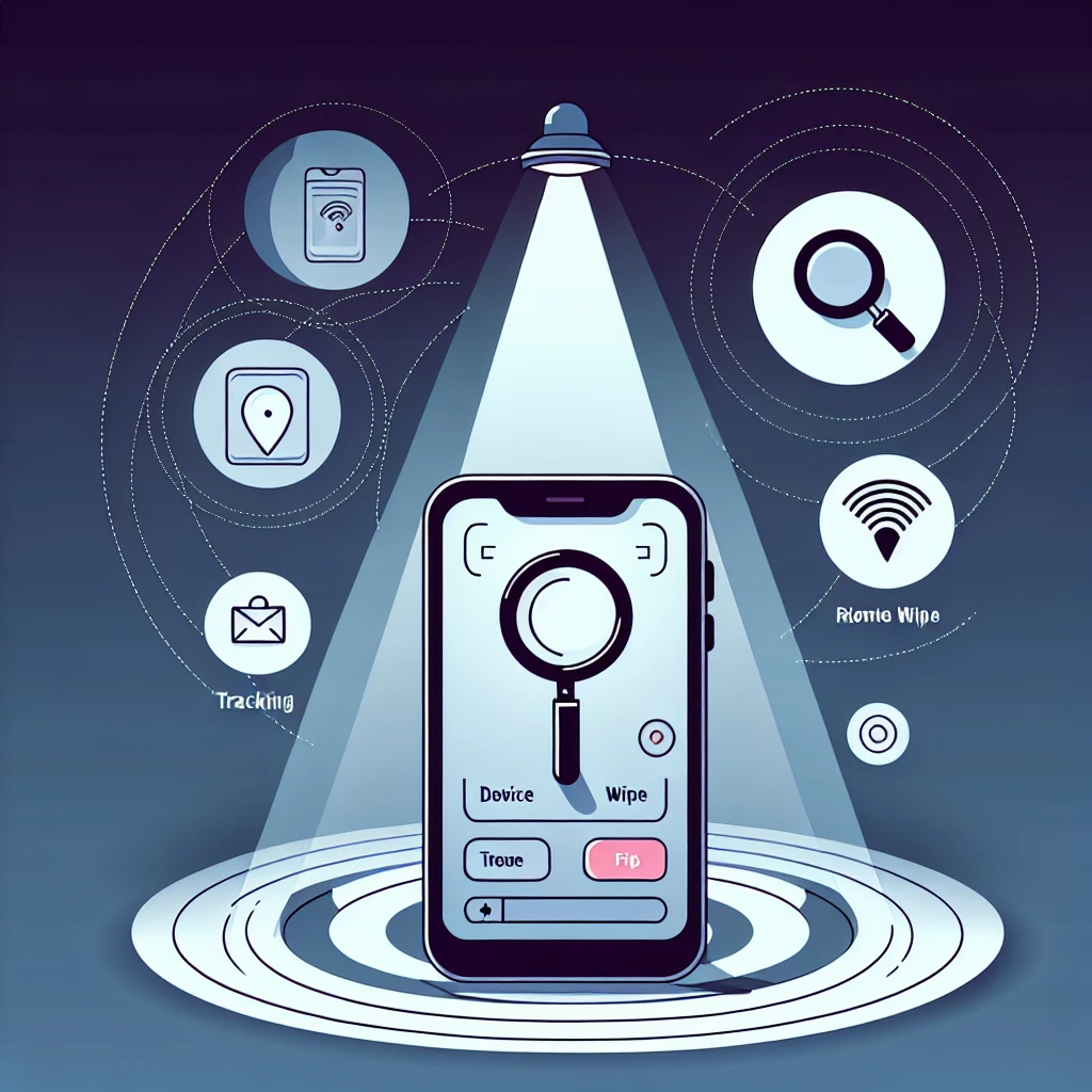"Smartphone screen displaying the 'Find My Device' interface with remote wipe options highlighted, illustrating steps to enable device tracking and security features."