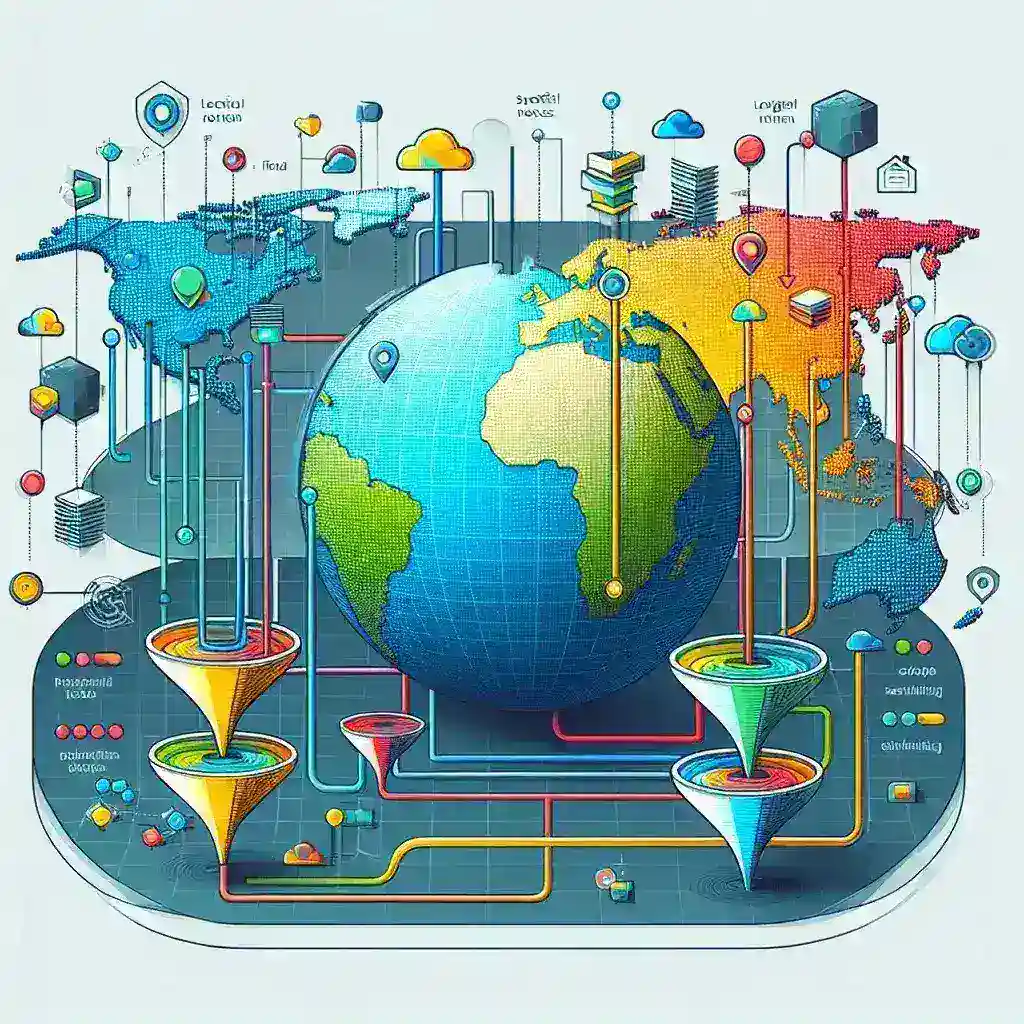 "Map illustrating geo-targeted scraping locations with pins indicating various regions for data collection using location-specific proxy APIs."